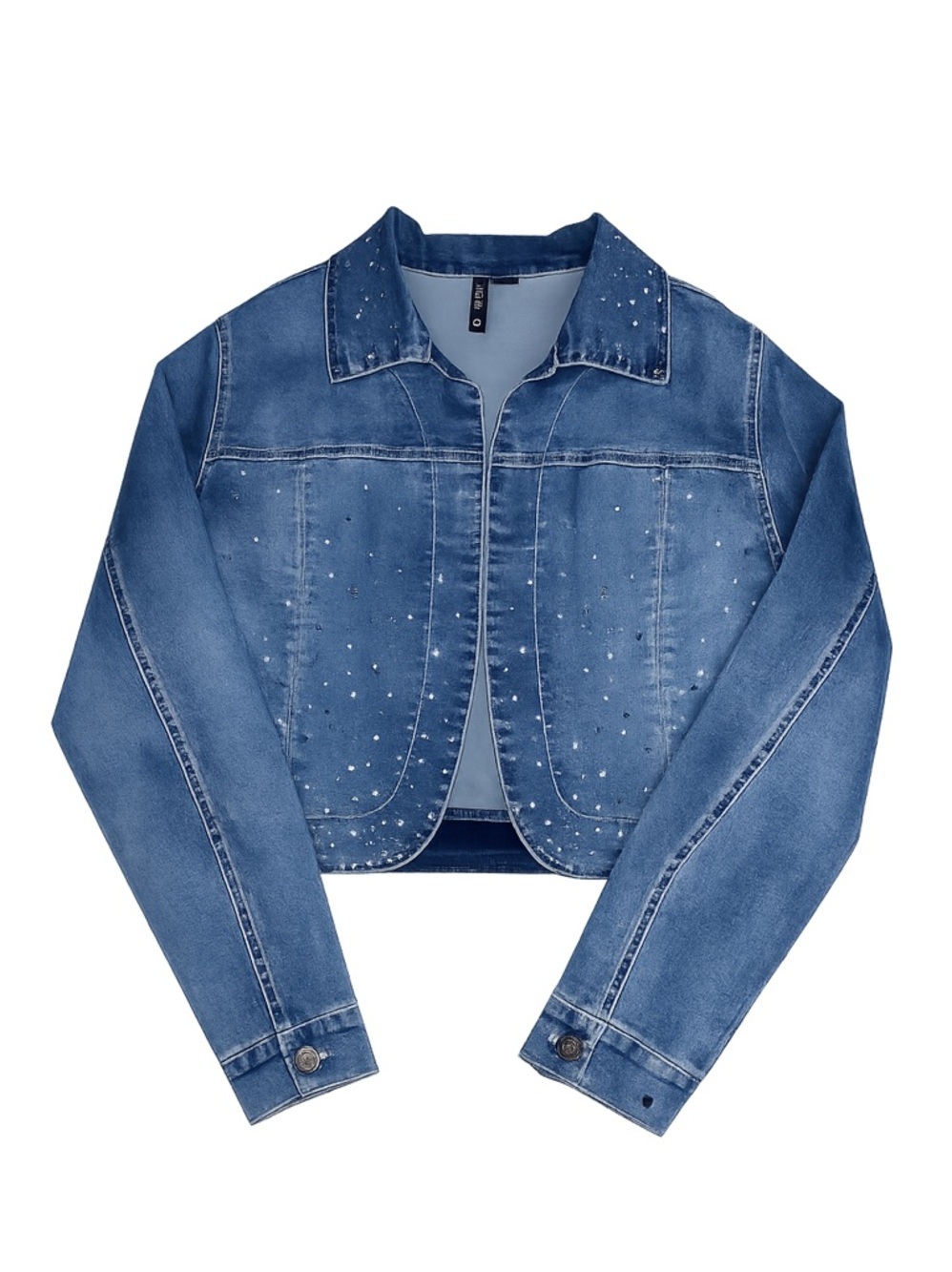 Ethyl Cropped Rhinestone Embellished  Blue Denim Jacket Sz Small Open Front NWT